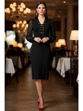 INC Black Sheath Dress Lace-Up Neck Gold Hardware Size S